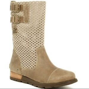 Sorel Major Pull-On Perforated Grey Leather Moto Riding Boots Size 10